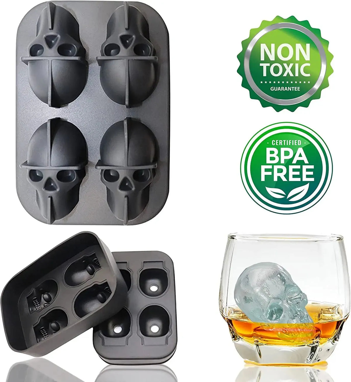 A set of silicone ice molds shaped like skulls, spheres, and diamonds used for freezing drinks.
