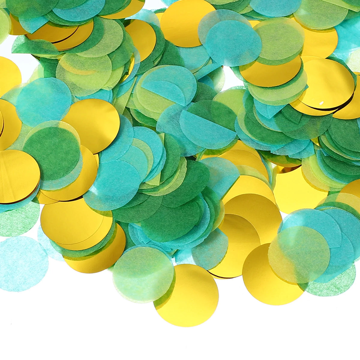 A pile of round tissue paper confetti dots in shades of green and yellow-green.