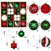 A collection of festive Christmas ball ornaments in various colors and patterns, including red, green, and white, displayed i