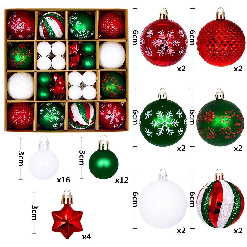 A collection of festive Christmas ball ornaments in various colors and patterns, including red, green, and white, displayed i