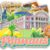 A colorful illustration featuring landmarks and tropical fruits, promoting Manaus.
