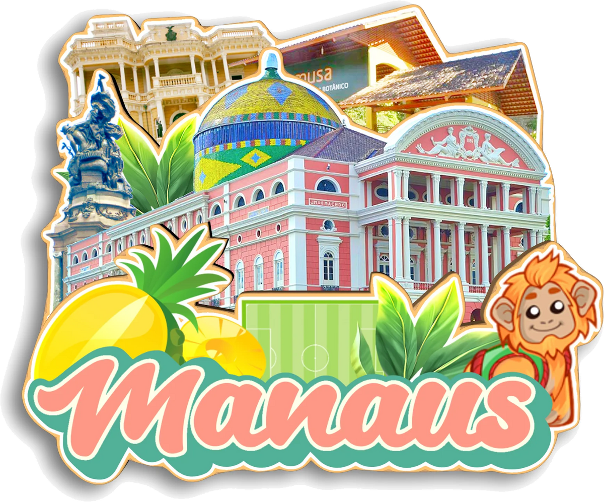 A colorful illustration featuring landmarks and tropical fruits, promoting Manaus.