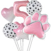 A set of six foil balloons featuring a pink number five, heart, and paw prints in black and white.