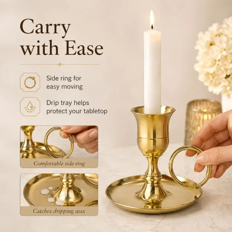 Vintage Gold Taper Candle Holder with Handle and Drip Tray