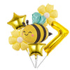 A set of six yellow and gold aluminum foil daisy balloons shaped like a bee and stars for parties