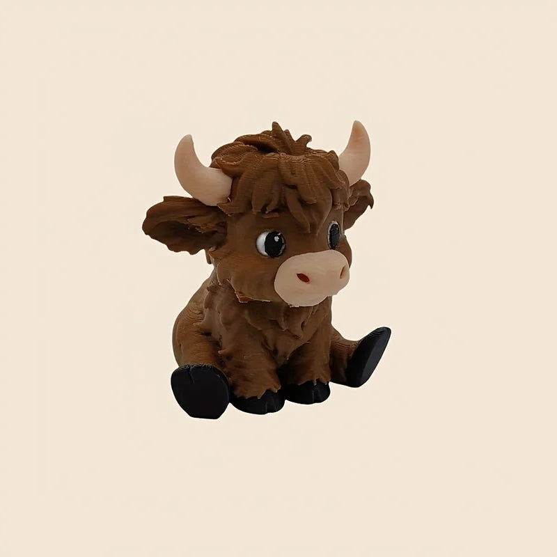 A small, brown statue of a Highland cow with horns and dark eyes.