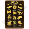 A dark plaque displays illustrations of various pasta shapes like fusilli spaghetti gnocchi rigati and ravioli