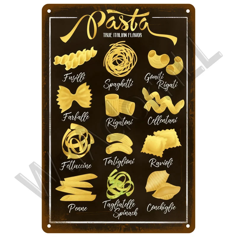 A dark plaque displays illustrations of various pasta shapes like fusilli spaghetti gnocchi rigati and ravioli