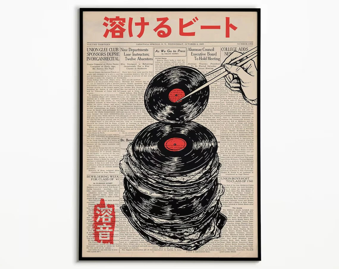 A vintage poster titled 溶けるビート featuring a stack of vinyl records and text in black and red tones.