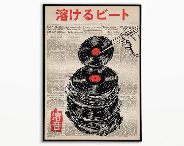 A vintage poster titled 溶けるビート featuring a stack of vinyl records and text in black and red tones.