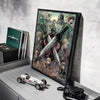 A framed poster of Vinland Saga featuring swords and characters, displayed on a shelf next to a vintage car model.