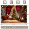 A festive Christmas tree decorated with lights stands in front of a stone fireplace backdrop.