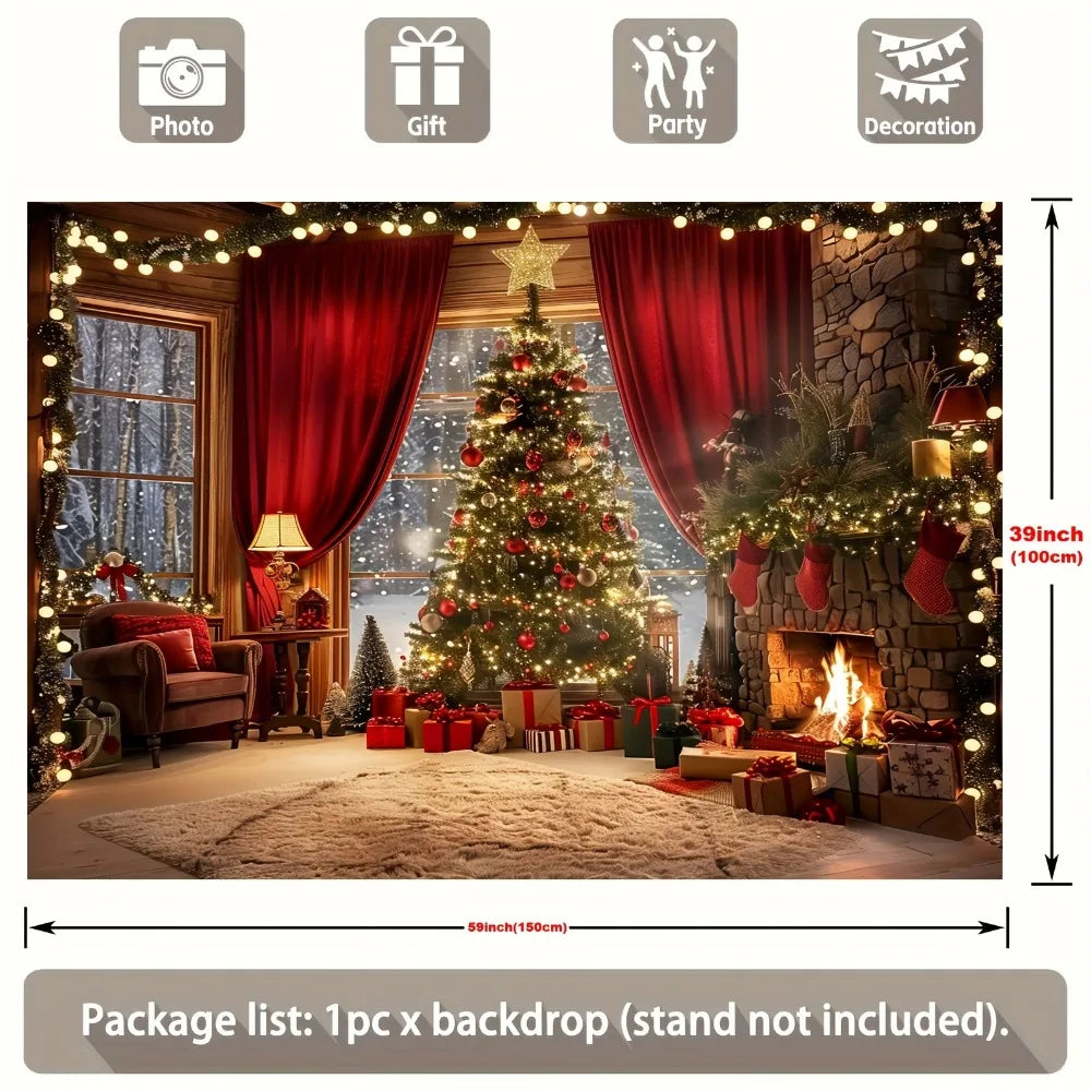 A festive Christmas tree decorated with lights stands in front of a stone fireplace backdrop.