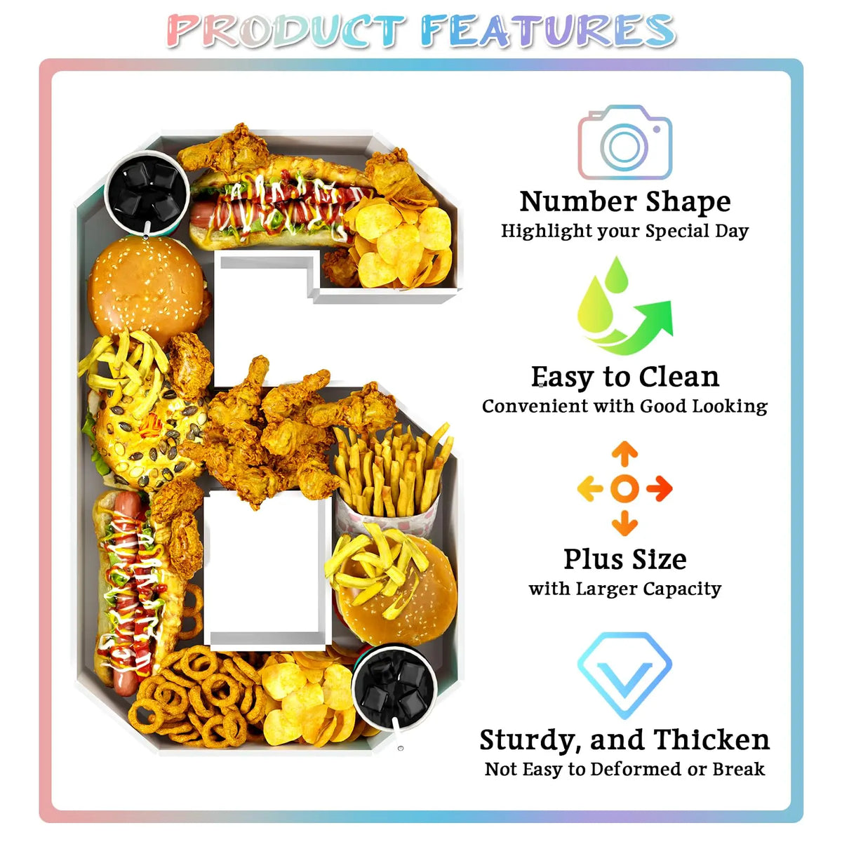 A cardboard party tray shaped like the number 6 filled with various fried foods and snacks.