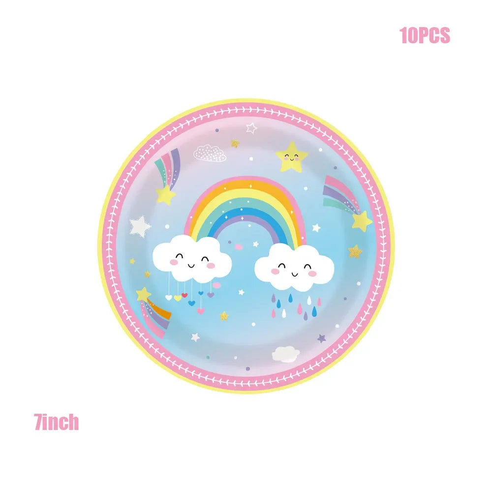 A set of 10 disposable paper plates featuring a rainbow and cloud design on a light blue plate.