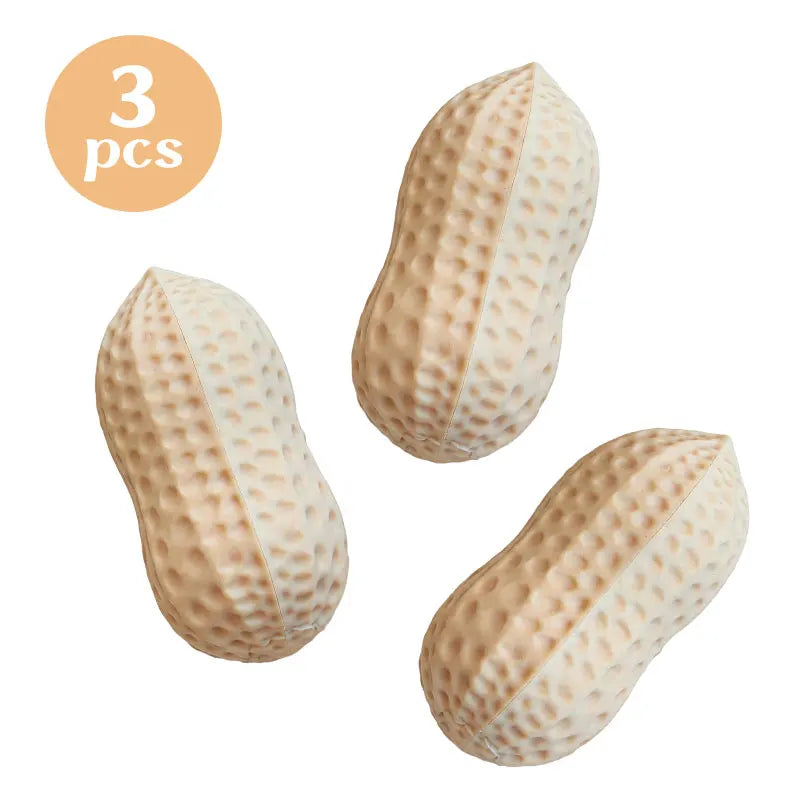 Three beige squishy food-shaped stress balls are shown individually against a white background.
