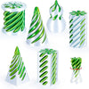 A set of 3D printed spiral fidget toys in green and silver, including conical and rectangular shapes.