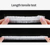 Hands stretching a clear plastic food wrap cover to perform a length tensile test.