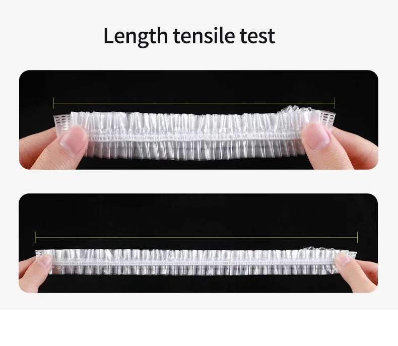 Hands stretching a clear plastic food wrap cover to perform a length tensile test.