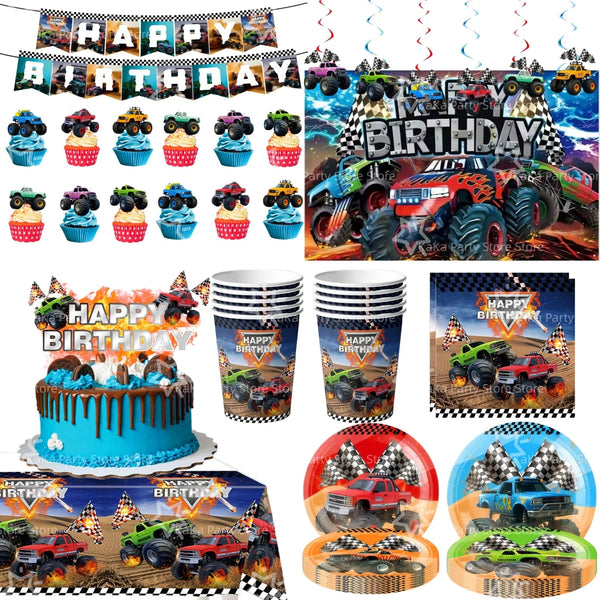Monster truck birthday party decoration kit featuring a backdrop, tableware, and various themed elements.