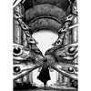Black and white ink drawing of a stylized, menacing figure emerging from an arched doorway.