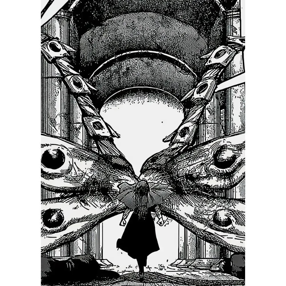 Black and white ink drawing of a stylized, menacing figure emerging from an arched doorway.