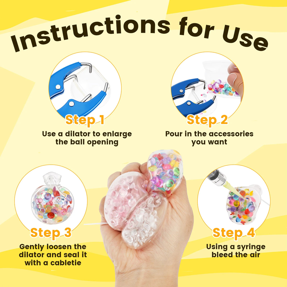 Instructions for using a DIY stress ball making kit showing four steps involving a dilator and filling beads.