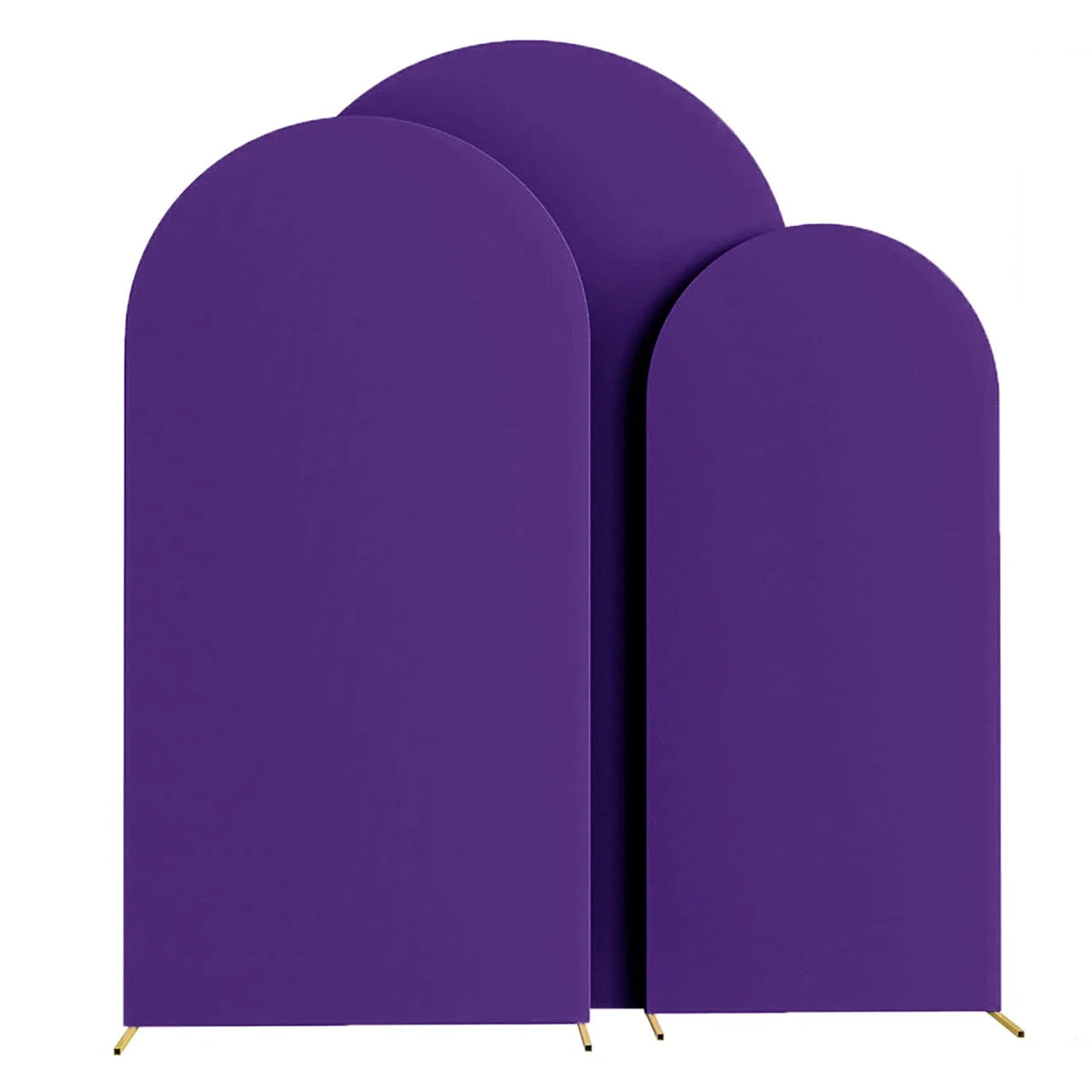 Three purple spandex fitted wedding arch covers standing upright.
