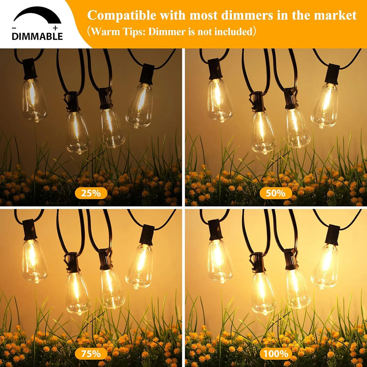 Outdoor LED string lights illuminating yellow flowers in a garden setting.