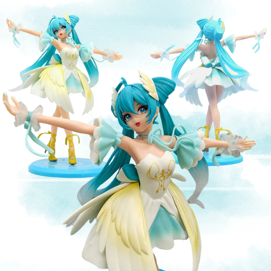 Three PVC figures of Hatsune Miku Swan in ballet poses with light blue and white costumes.