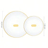 Two round white plastic plates with gold rims shown side by side.