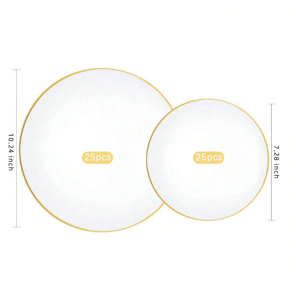 Two round white plastic plates with gold rims shown side by side.