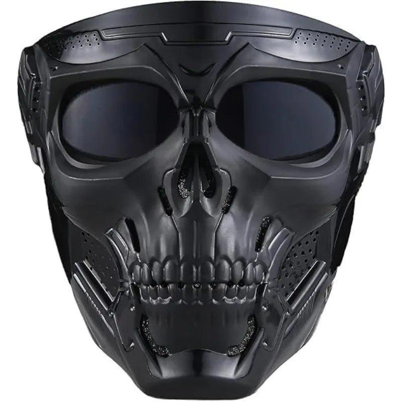 Masque de cosplay crâne noir coupe-vent avec détails faciaux et évents.