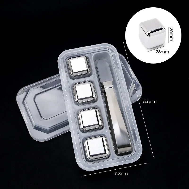 Clear plastic container holding reusable stainless steel ice cubes and a mold