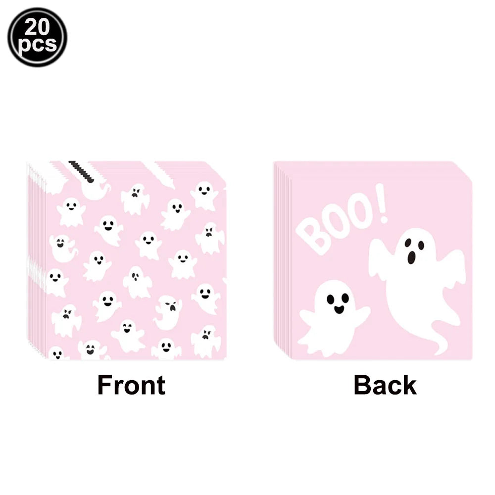 Pink ghost Halloween party tableware set showing front and back designs