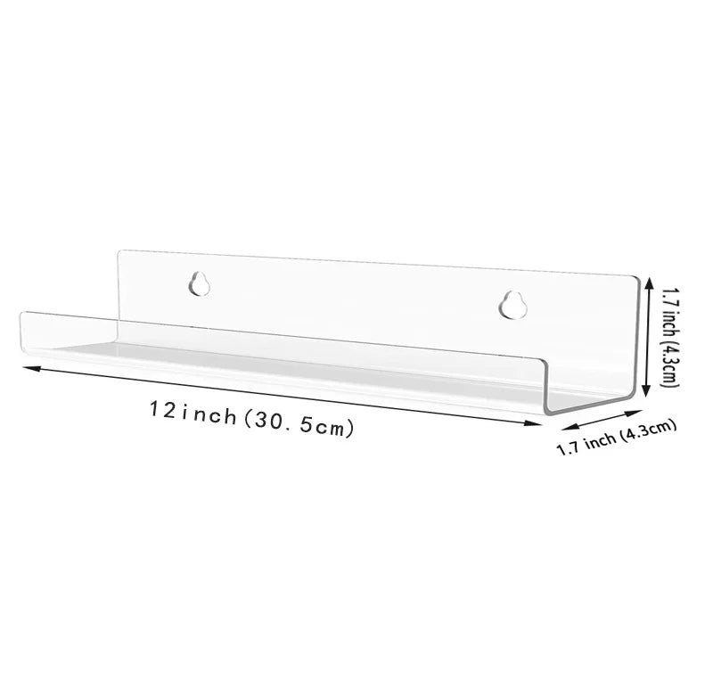 A clear acrylic vinyl record display shelf with a 12-inch length and 1.7-inch depth.