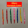 48 pieces of random color rocket balloon strips for party decorations displayed in a row.