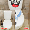 Before and after comparison of a funny cartoon face toilet decal installation