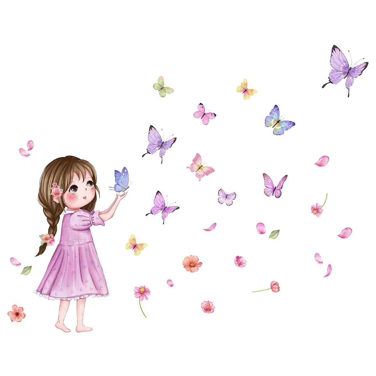 A watercolor illustration of a girl surrounded by falling butterflies and flowers.