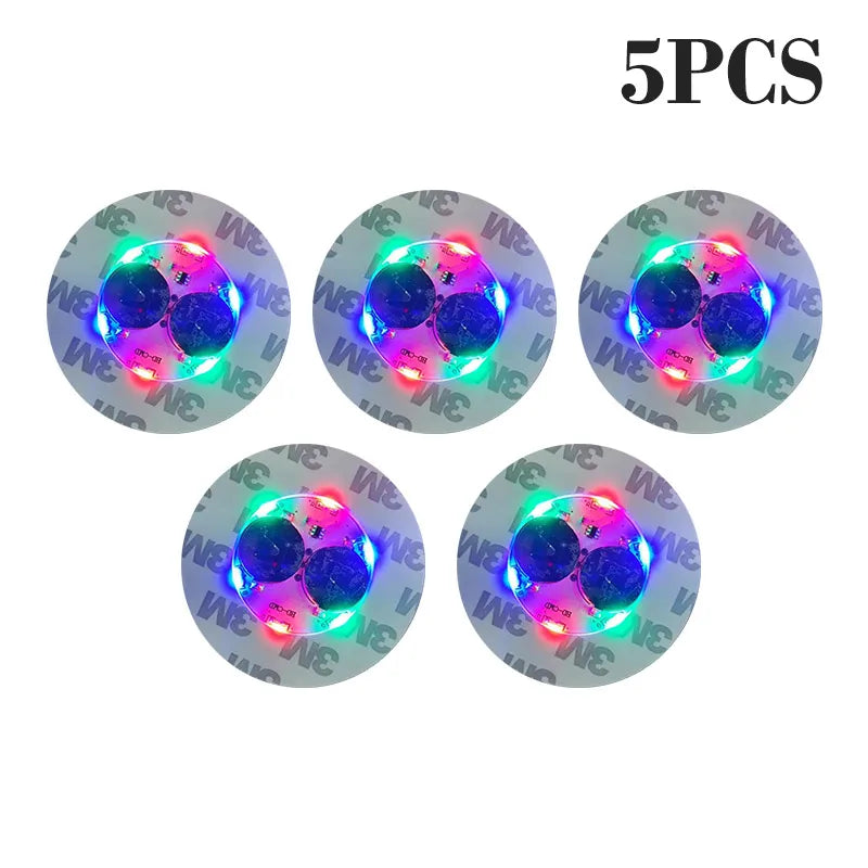 Five luminous LED coaster lights designed for bottles and glasses.