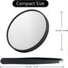 A round compact mirror with a black frame and a rectangular mirror with a black frame are shown, indicating the product's siz