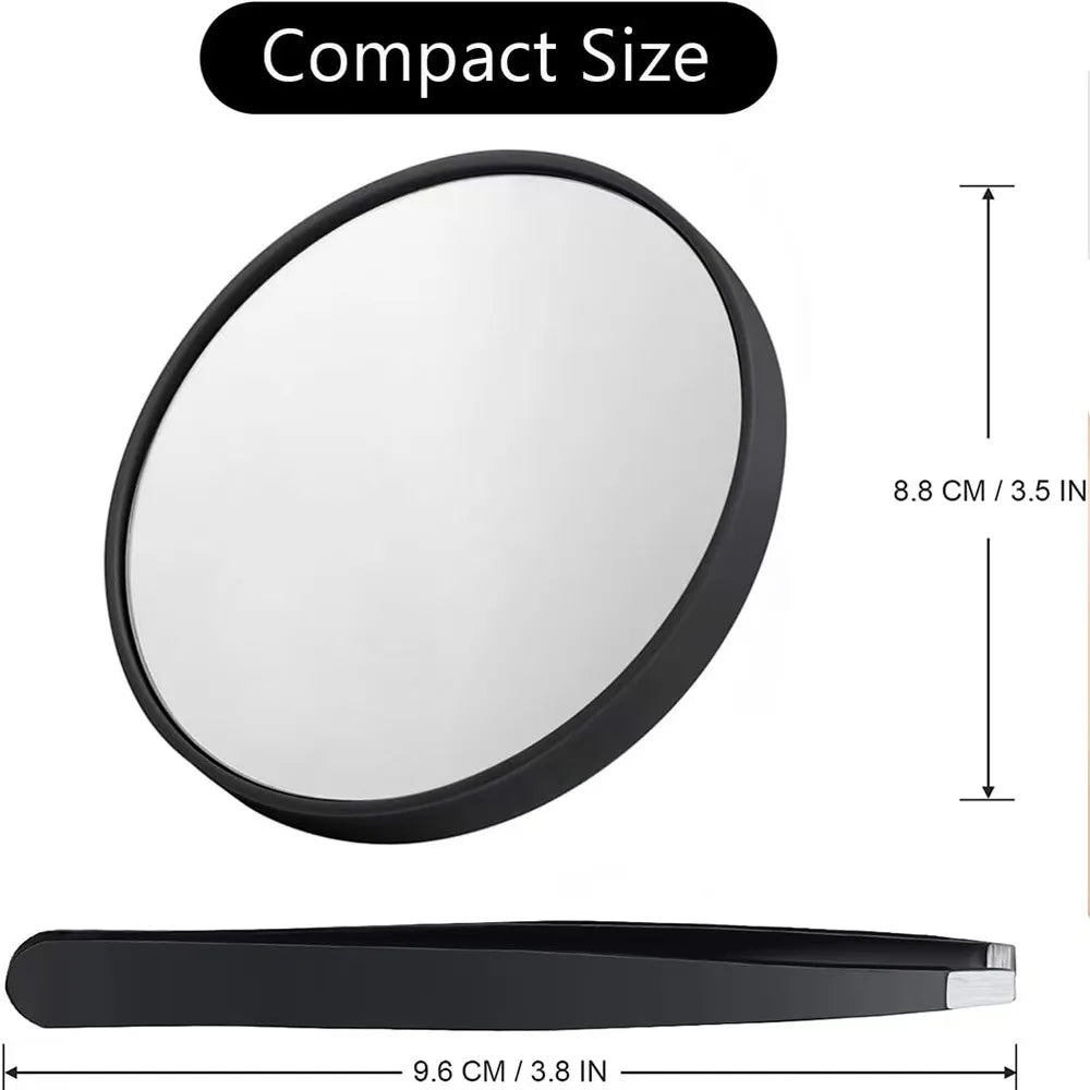 A round compact mirror with a black frame and a rectangular mirror with a black frame are shown, indicating the product's siz