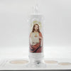 A clear glass flameless LED prayer candle featuring an image of Jesus Christ.
