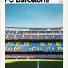 A panoramic view of the FC Barcelona stadium, showing the stands and a green field under a blue sky.