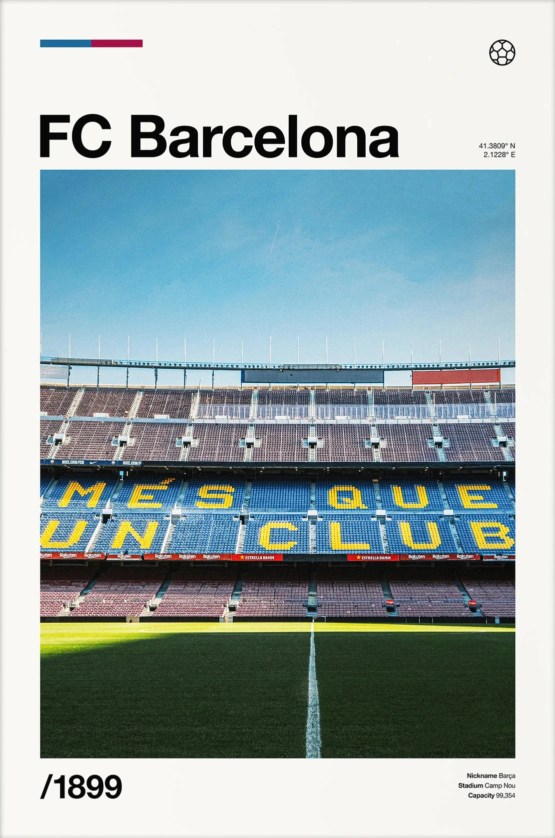 A panoramic view of the FC Barcelona stadium, showing the stands and a green field under a blue sky.