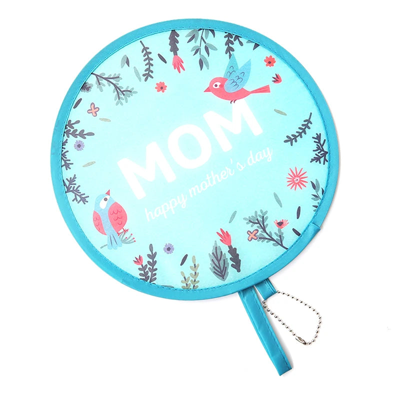 A light blue folding hand fan decorated with birds and the text MOM happy mother's day