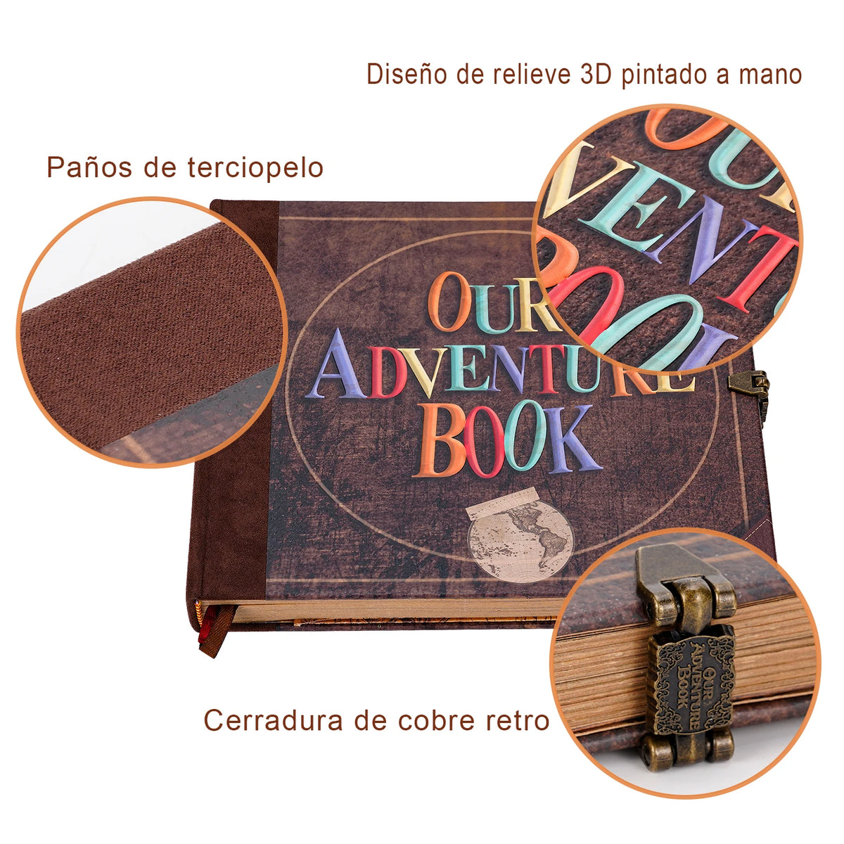 A brown cloth-covered book with a leather binding and a bronze retro clasp, showing a 3D painted relief design.