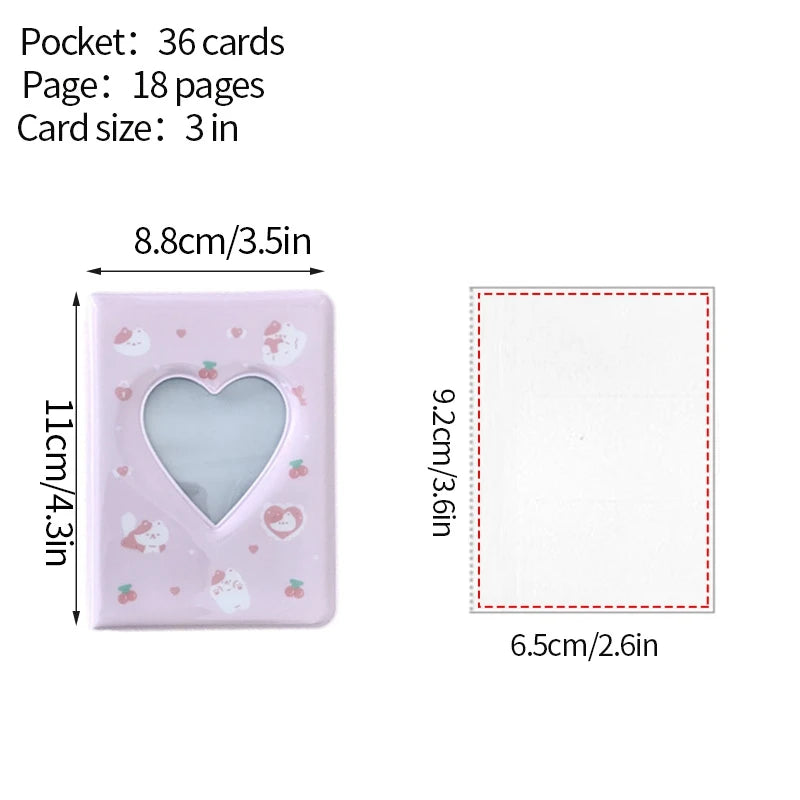A pink photo card album binder showing a 3-inch card size and 18 pages.