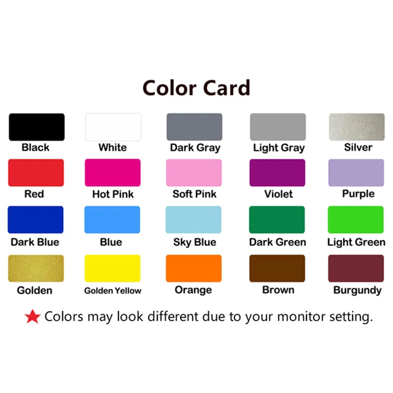 Color card showing various solid colors including black, white, red, pinks, grays, blues, greens, yellows, orange, brown, and