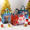 A set of reusable non-woven Christmas gift bags in blue, red, and green with festive designs and handles.